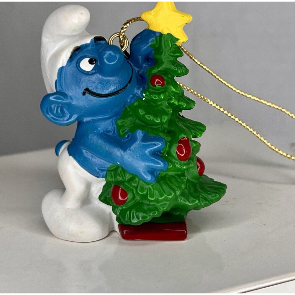 The Smurfs Christmas Tree Smurf Gold Cord Ornament Vintage Display Rare Figurine